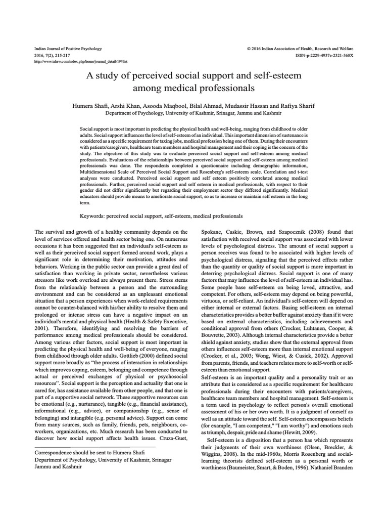 A Study of Perceived Social Support and Self-Esteem Among Medical ...