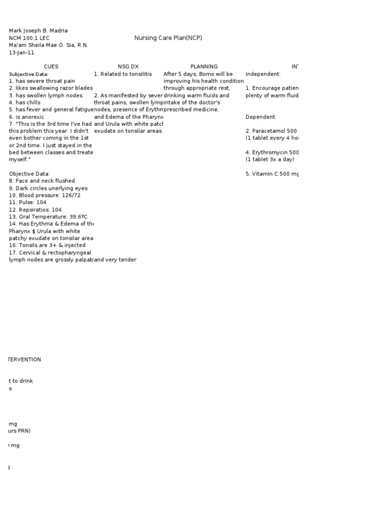 Nursing Care Plan for Tonsillitis | PDF