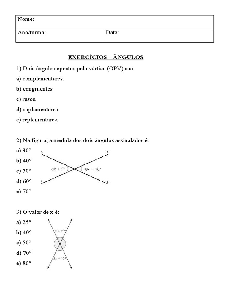 Exercícios de Ângulos - 8º Ano | PDF | Ângulo | Geometria Elementar