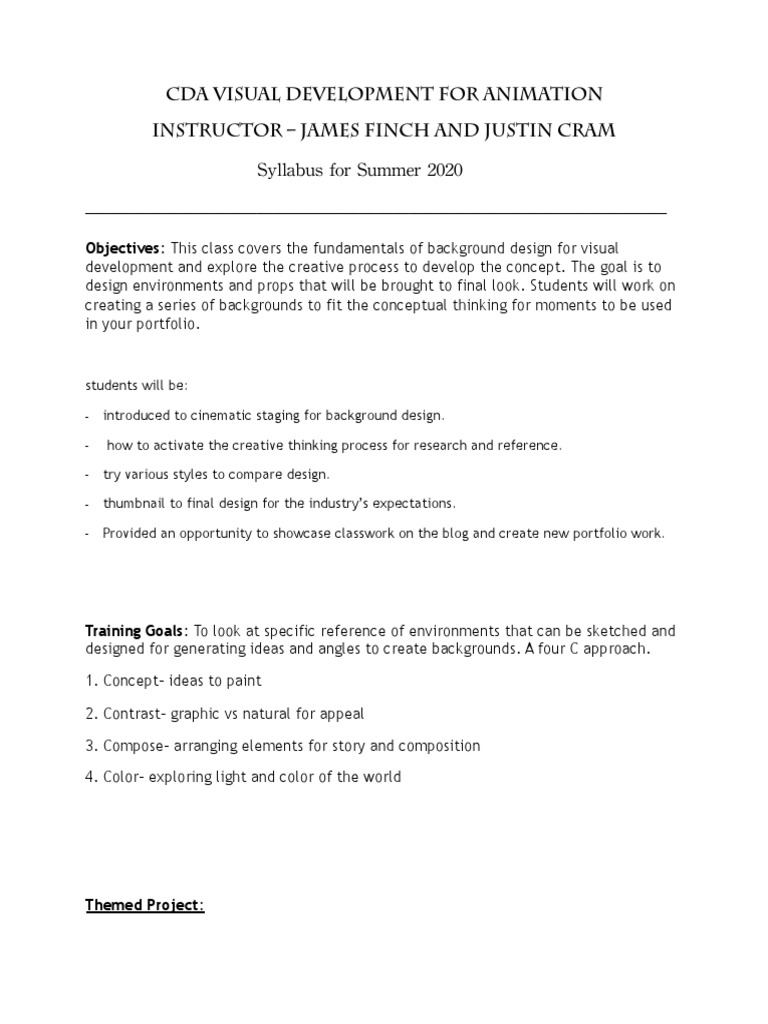 Syllabus For Summer 2020 CDA Visual Development For Animation