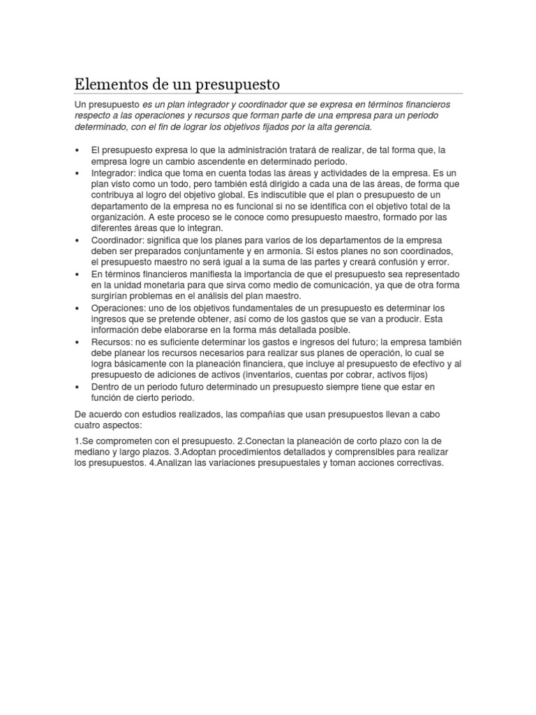 Elementos Clave de un Presupuesto Empresarial | PDF | Presupuesto ...