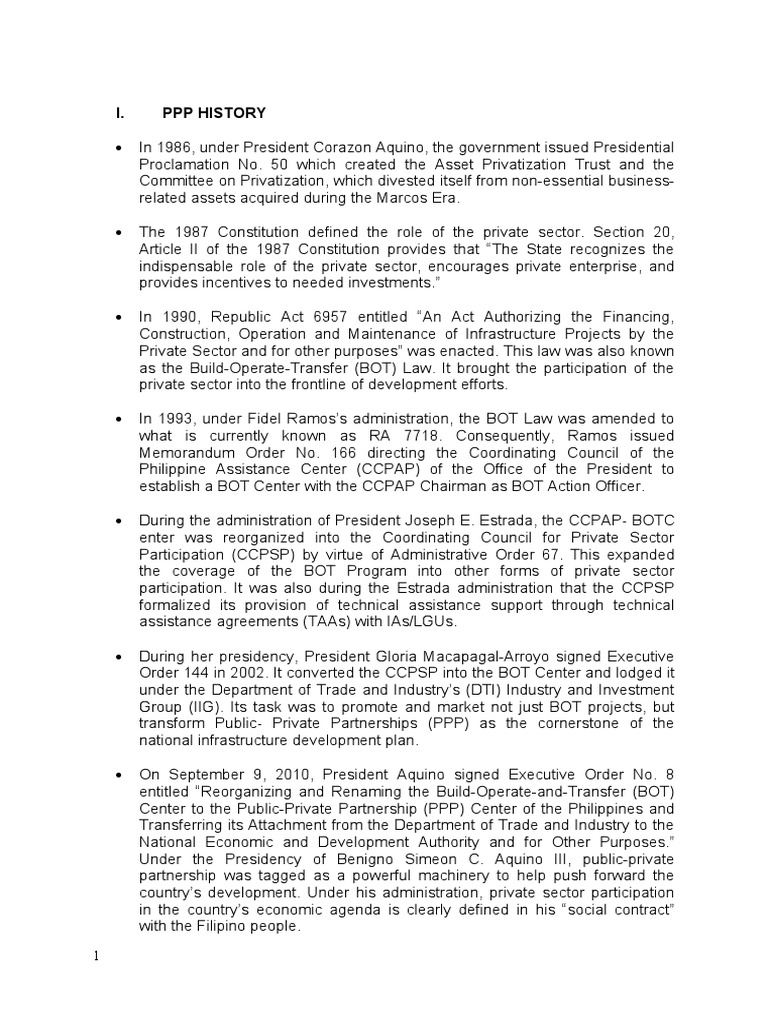 I. PPP History | PDF | Public–Private Partnership | Corazon Aquino