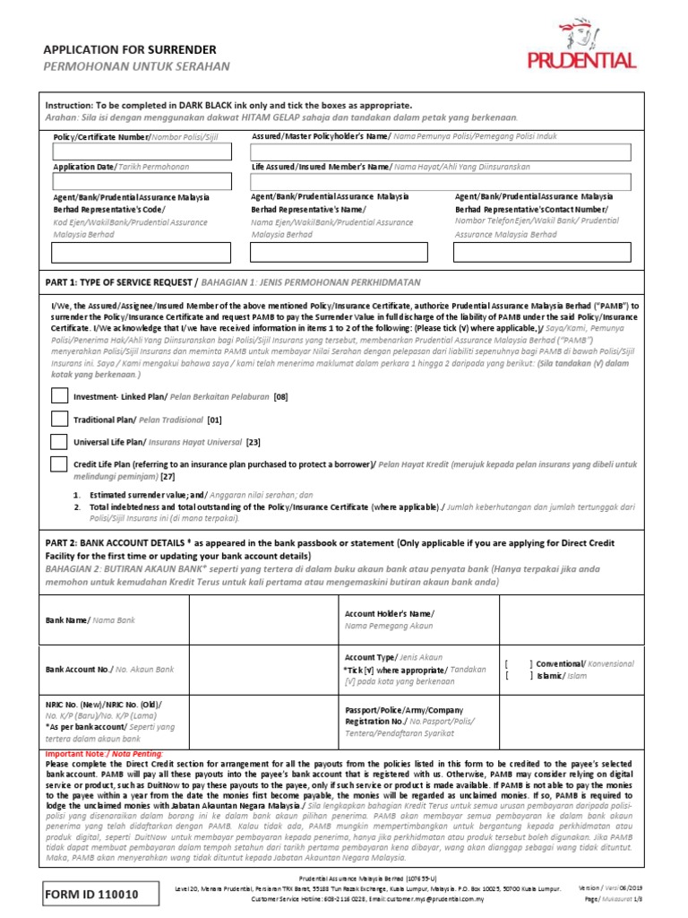 Prudential Surrender Application Form | PDF | Indemnity | Corporate Law