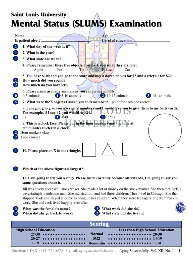Mental Status (SLUMS) Examination Saint Louis University PDF