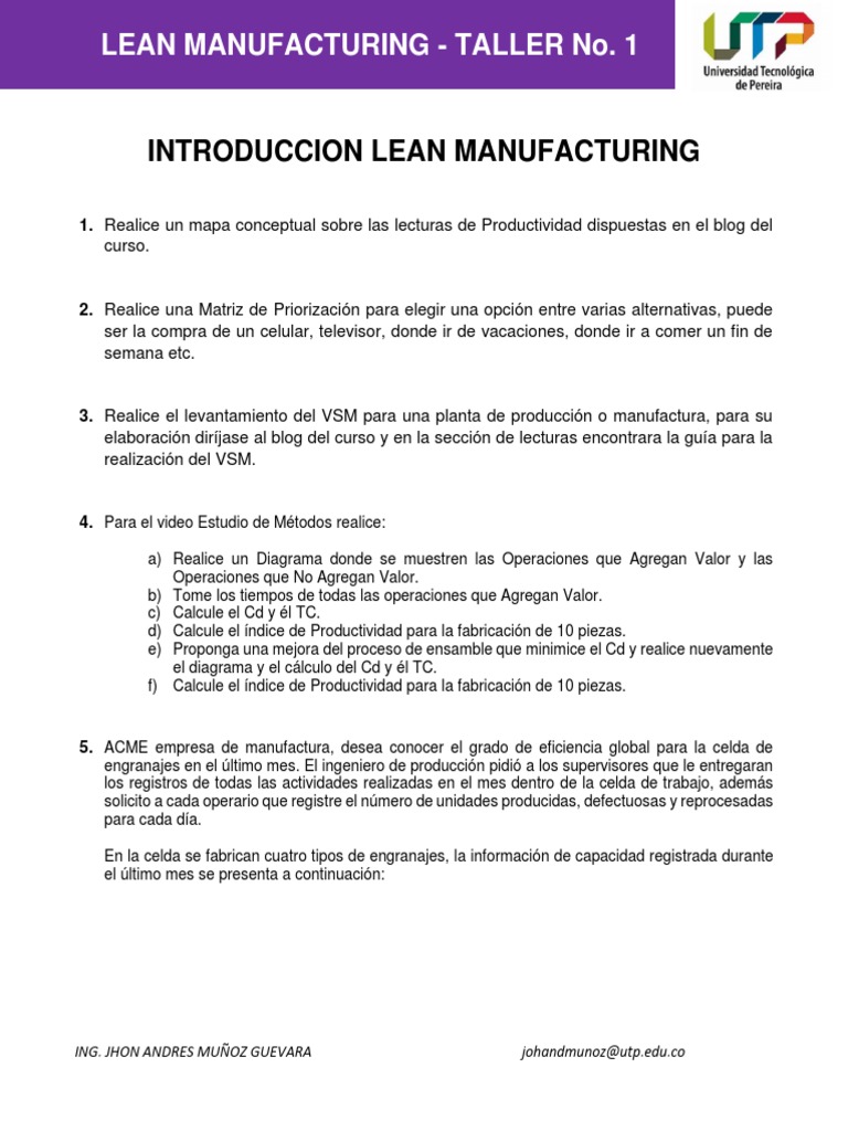 Taller de Lean Manufacturing y Productividad | PDF | Lean Manufacturing ...