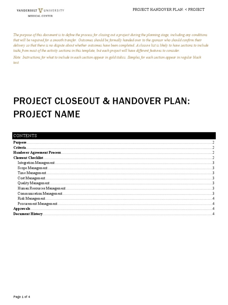 Project Closeout and Handover Plan Template  PDF  Service Level With handover agreement template
