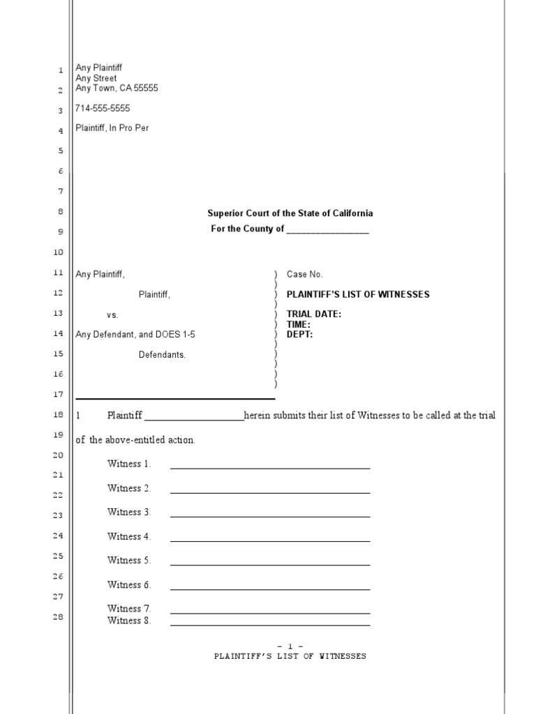 Sample Witness List For California Pro Se Legal Representation In The