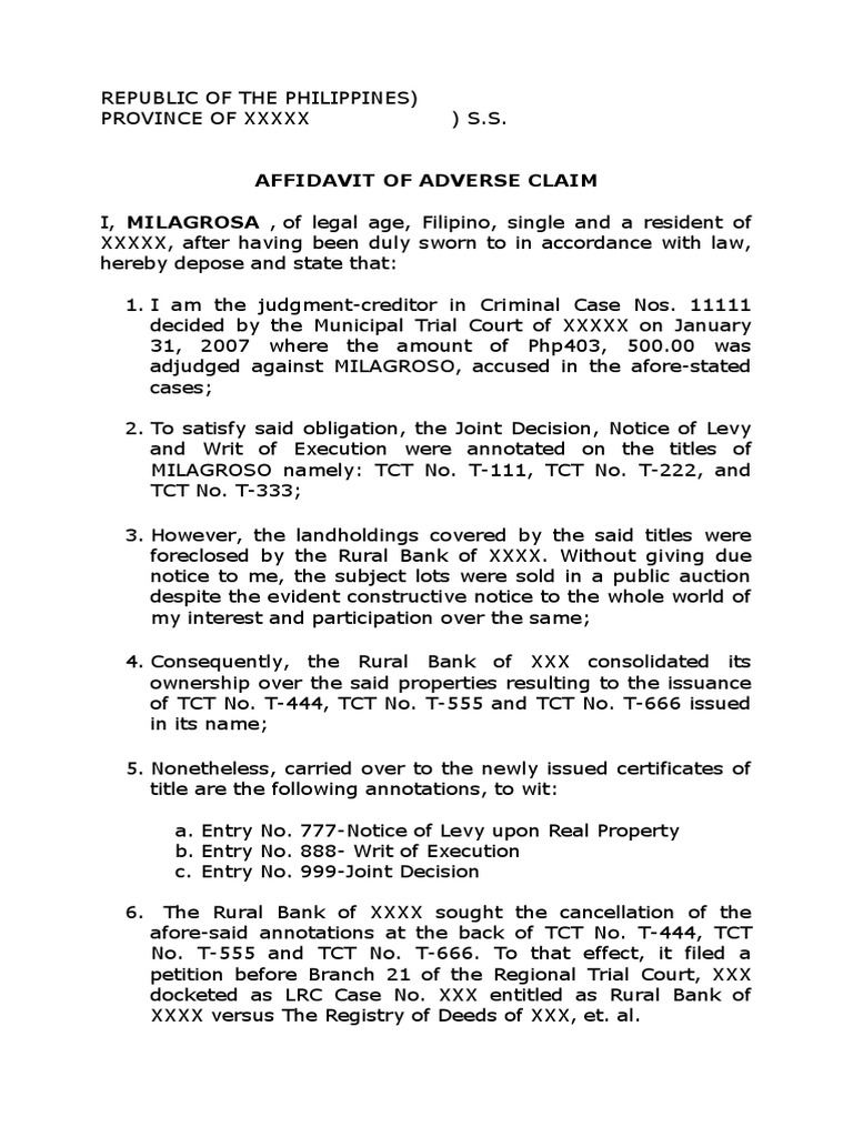Adverse Claim Affidavit in Philippines | PDF | Affidavit | Justice