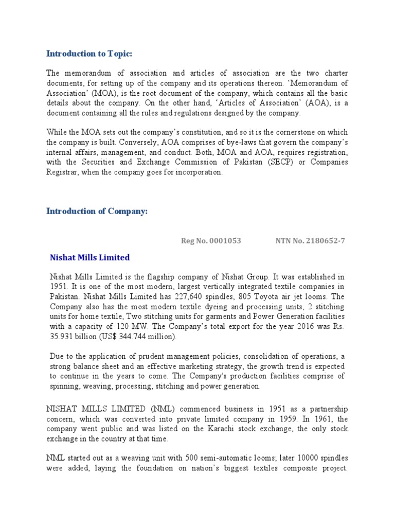 Nishat Mills Limited Introduction PDF Articles Of Association
