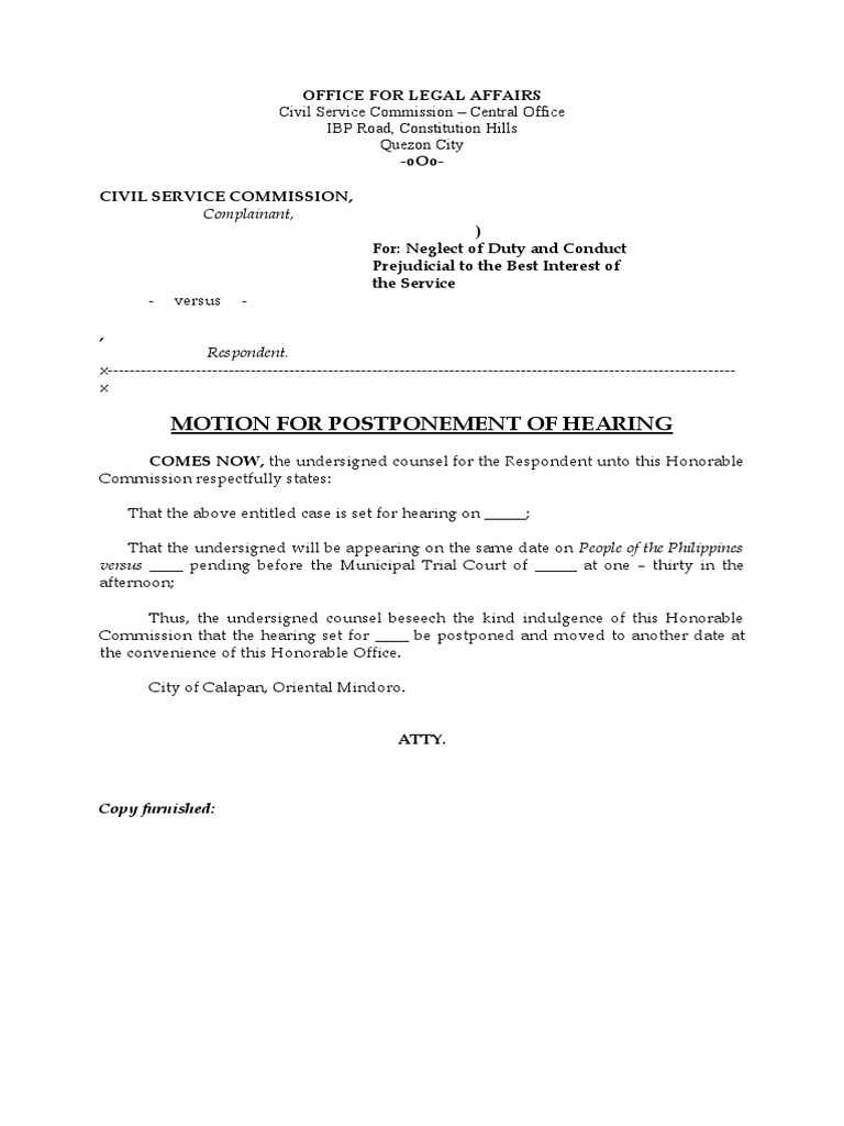 Motion For Postponement of Hearing Office For Legal Affairs PDF