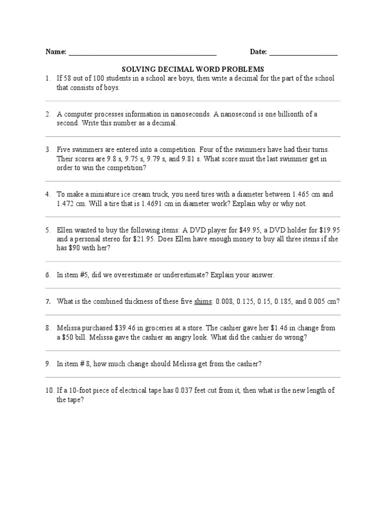 Decimal Word Problems Explained | PDF | Games & Activities | Home & Garden