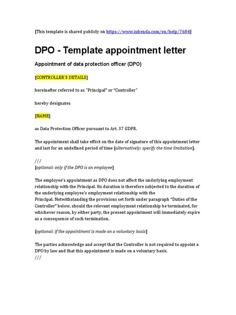 DPO Template Appointment Letter PDF Public Sphere Government