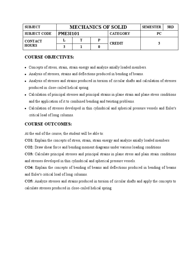 Mechanics of Solid: PME3I101 | Download Free PDF | Bending | Stress ...