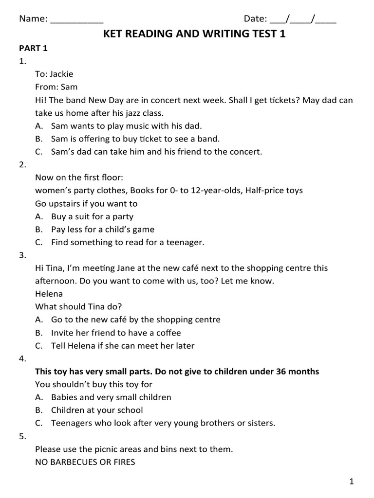 Ket Reading and Writing Test 1 PDF Dolphin