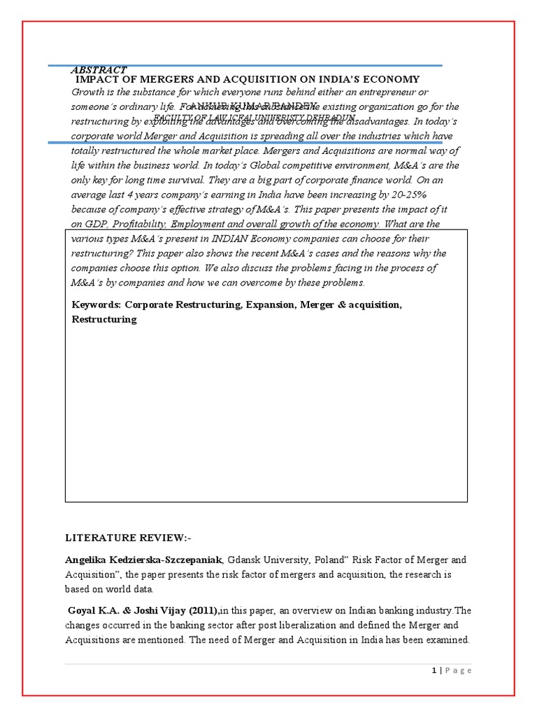 Impact of Mergers on India's Economy | PDF | Mergers And Acquisitions ...