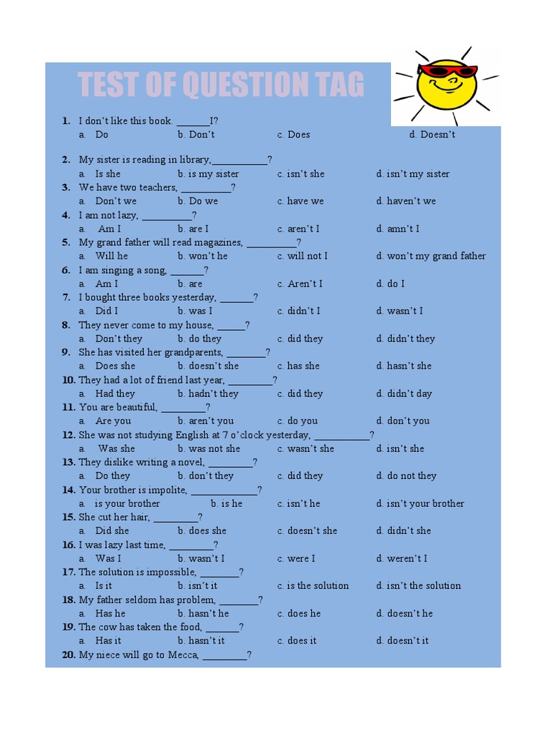 question tag exercise test pdf