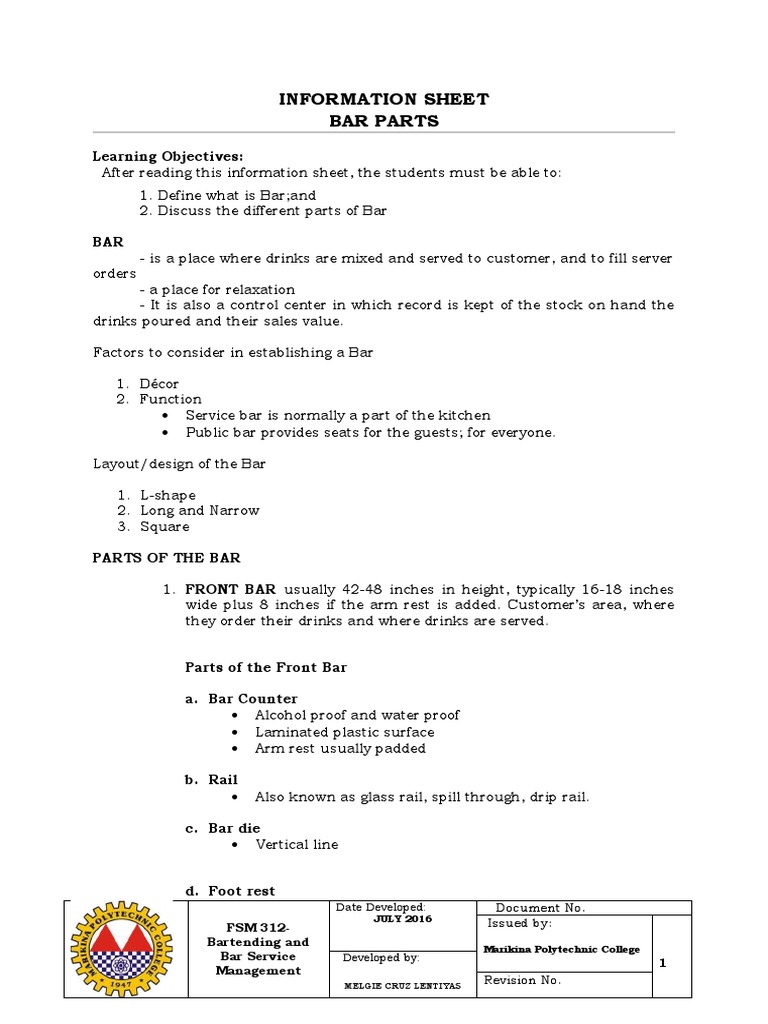 Information Sheet Bar Parts: Learning Objectives | PDF | Bar | Drink