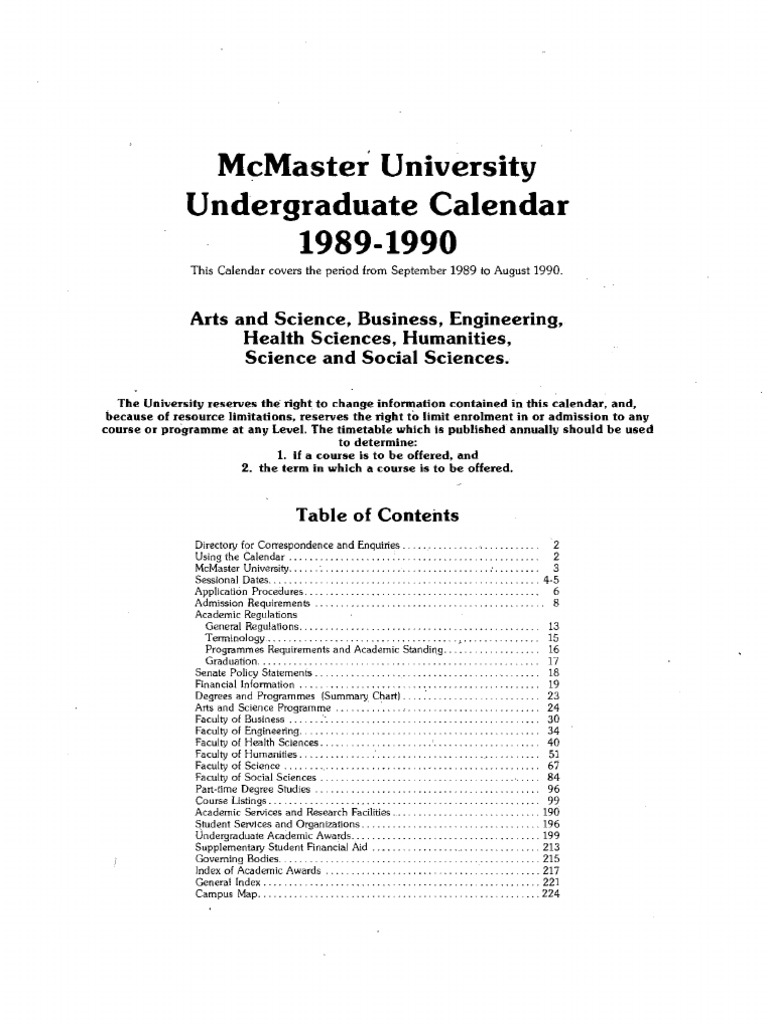 McMaster University 1989 1990 UG Calendar WEB PDF | PDF