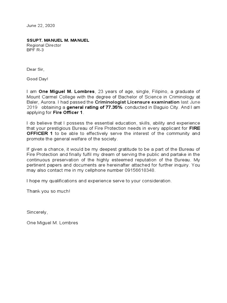 BFP Application Letter PDF