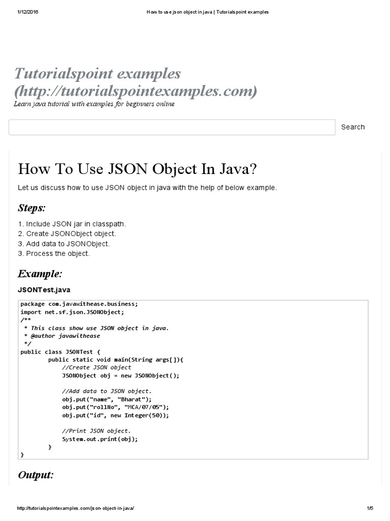 Tutorialspoint Examples How To Use JSON Object in Java? PDF Json
