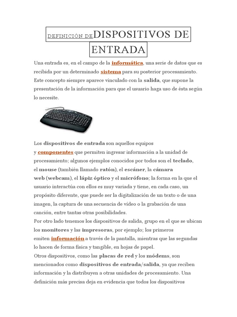 DEFINICIÓN DE DISPOSITIVOS DE ENTRADA PDF Periférico Hardware de