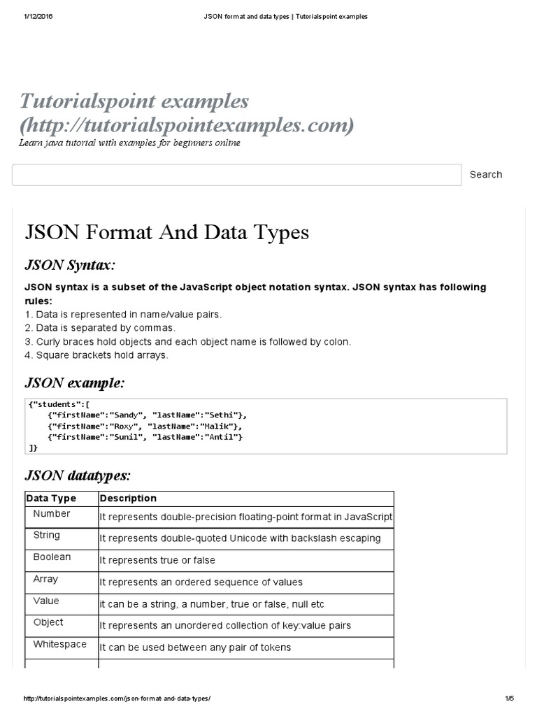 Tutorialspoint Examples JSON Format and Data Types PDF Json Notation