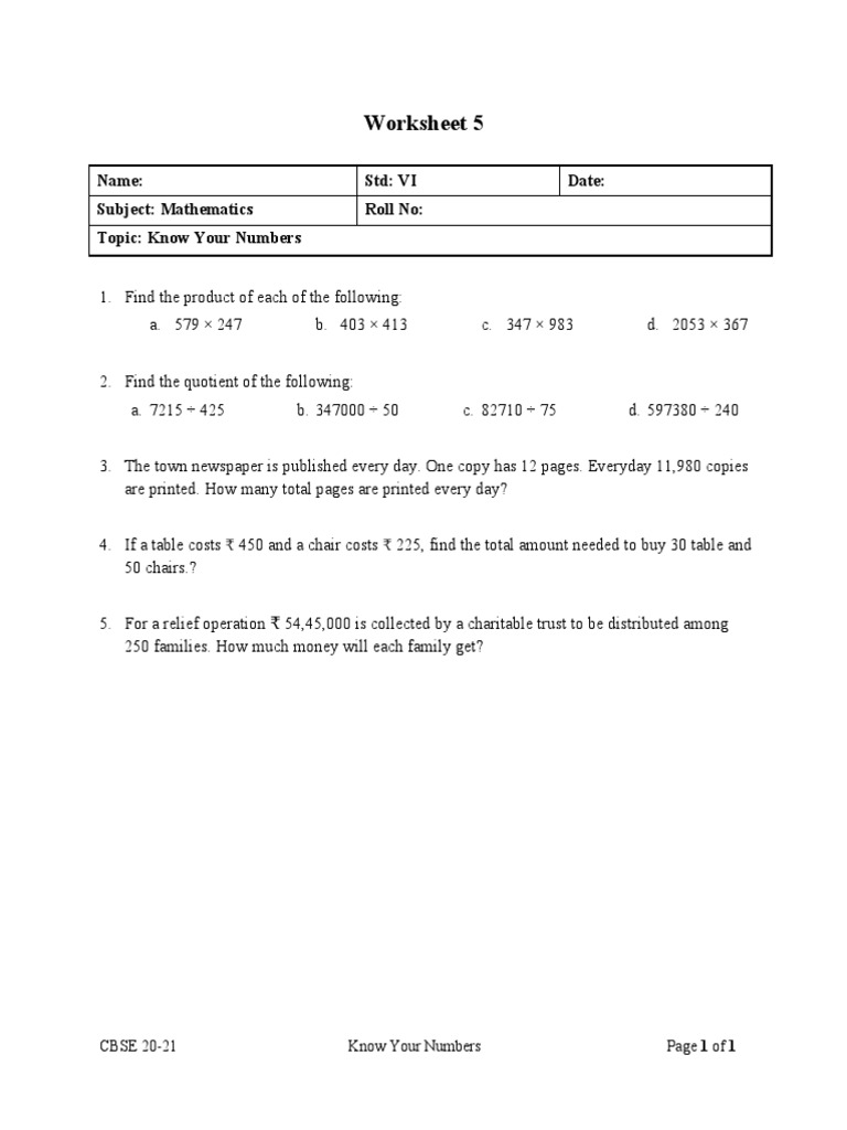 Math Worksheet: Know Your Numbers | PDF