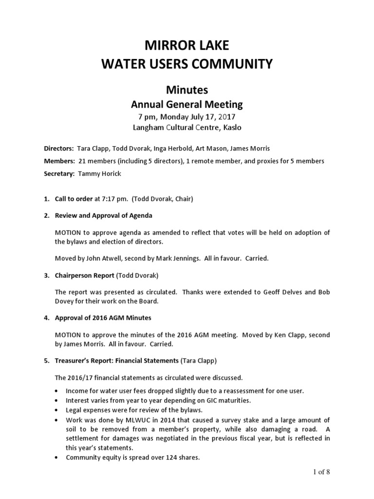 MLWUC AGM Minutes - July 2017 | PDF | Proxy Voting | Nature