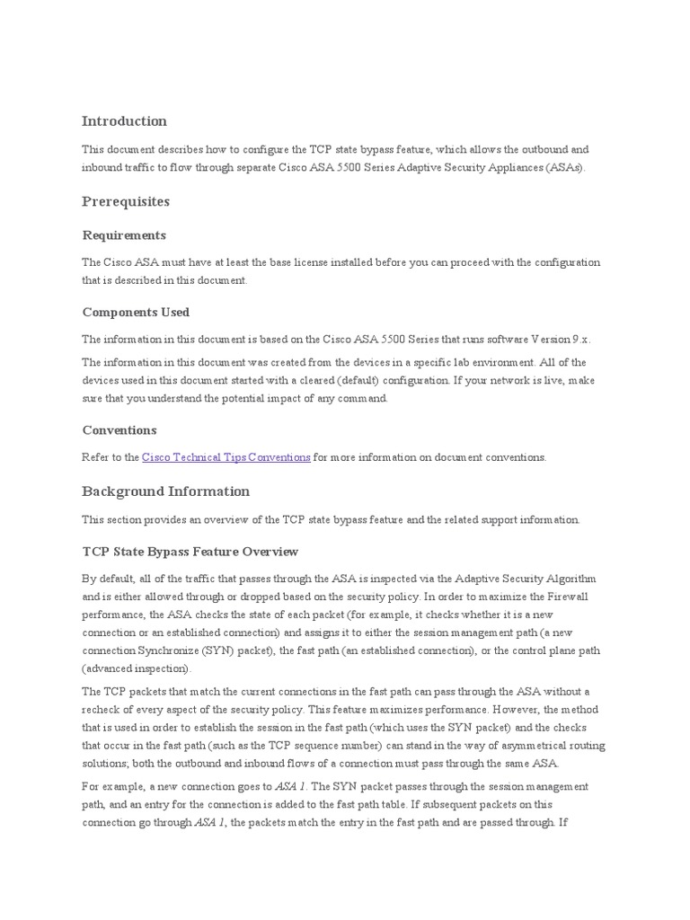 Configure TCP State Bypass on ASA 5500 | PDF | Transmission Control ...