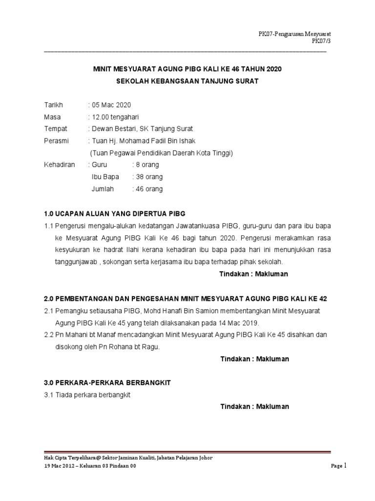 Minit Mesyuarat Agung Pibg Kali Ke 46 Tahun 2020  PDF