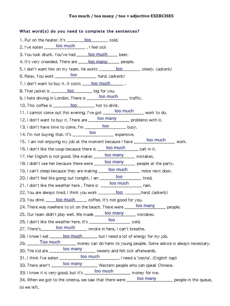 Too Much vs. Too Many Exercises | PDF | Linguistic Typology | Linguistics