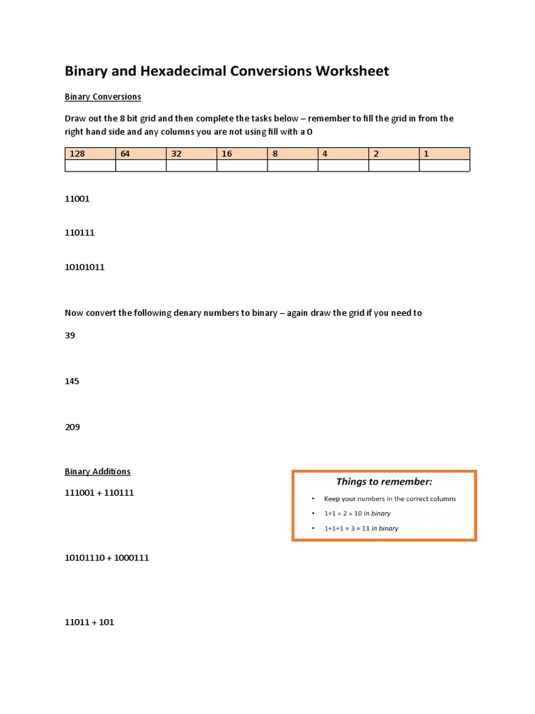 Binary and Hexadecimal Conversions Worksheet | PDF