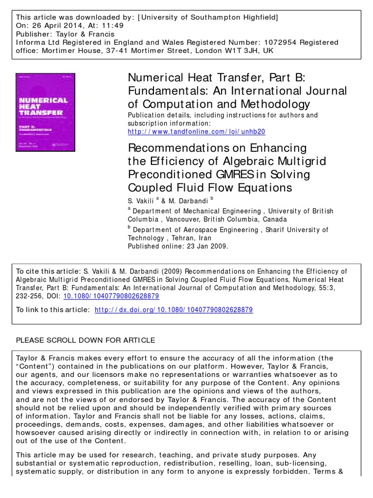 Numerical Heat Transfer, Part B Fundamentals An International Journal