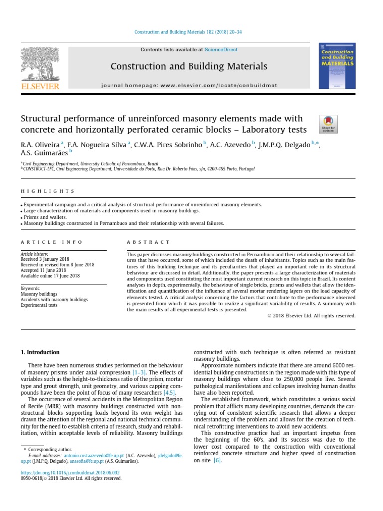 Structural Performance of Unreinforced Masonry Elements Made With | PDF ...