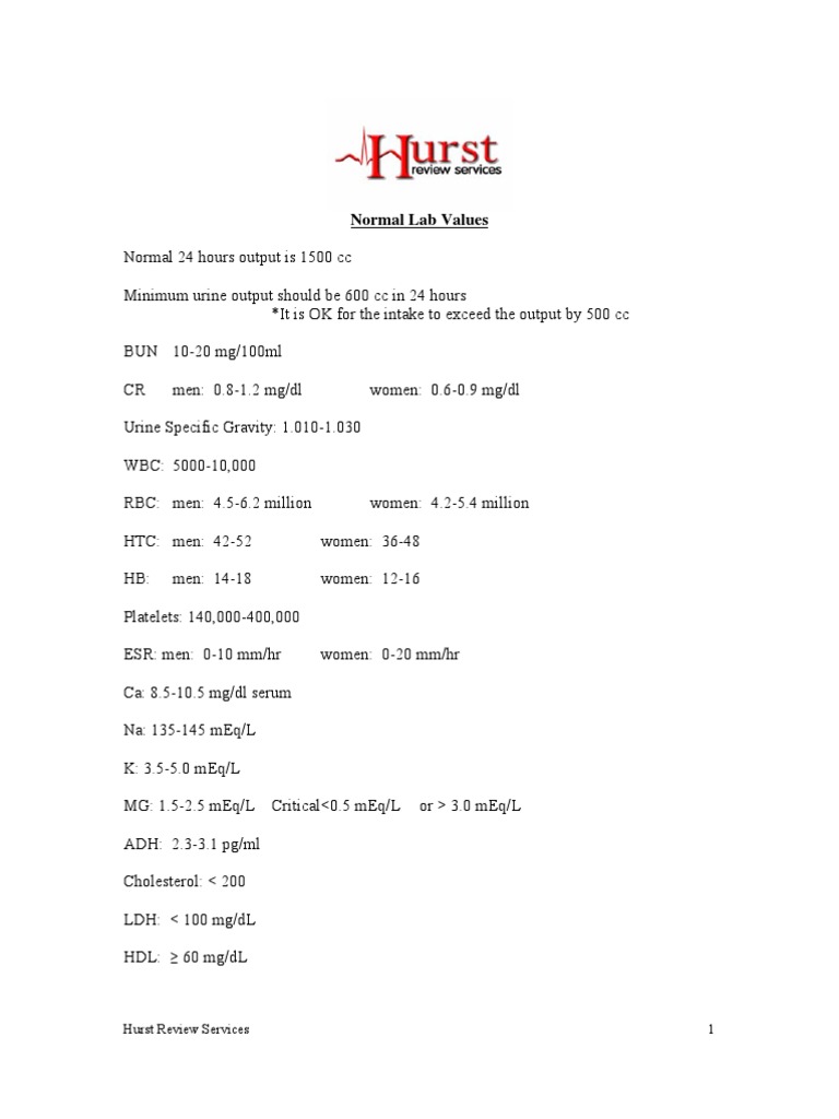 Normal Lab Values | PDF