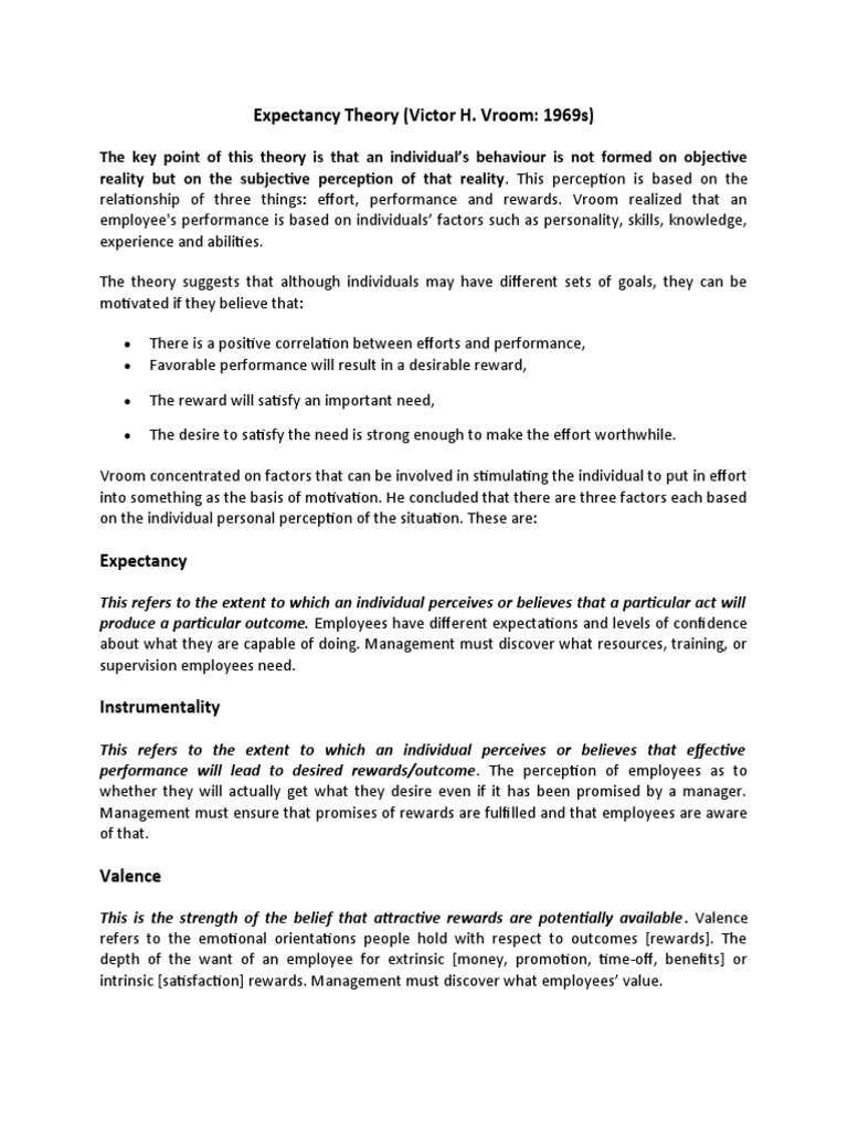 Expectancy Theory (Victor H. Vroom 1969s) PDF Experimental