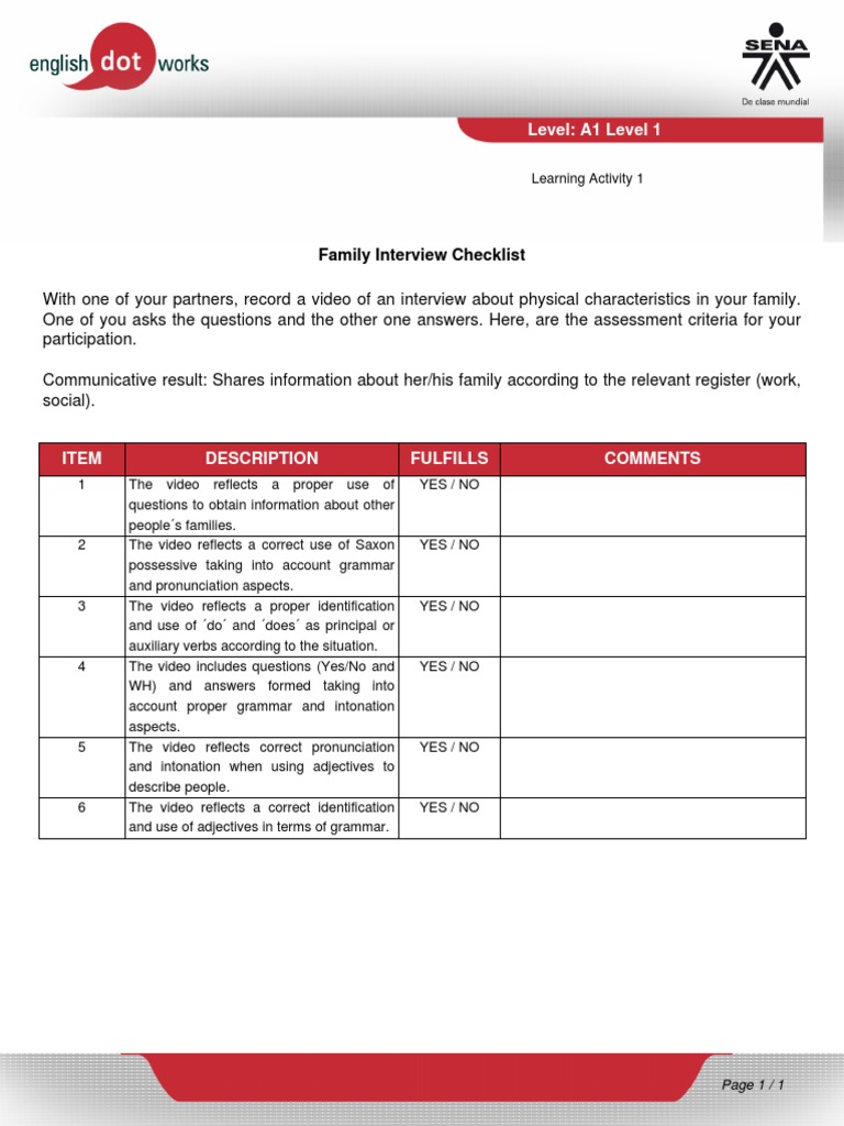 Level: A1 Level 1: Family Interview Checklist | PDF | Self-Improvement