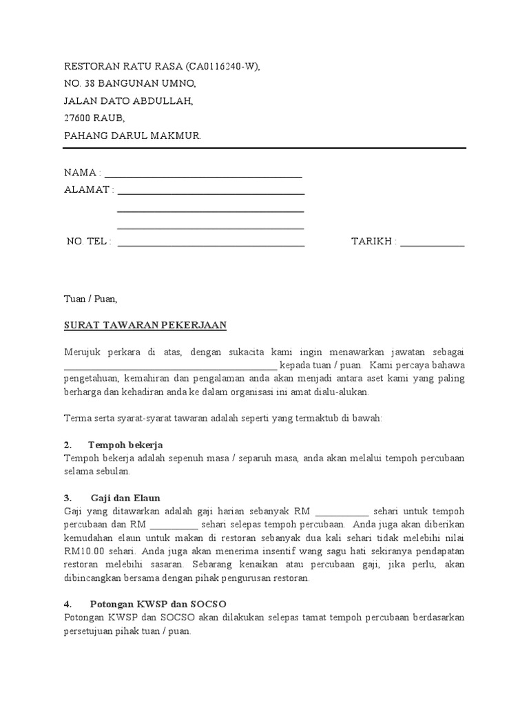 Surat Tawaran Kerja Ratu Rasa Pdf