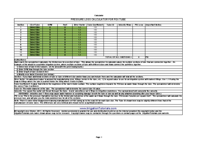 PEX Tube Pressure Friction Loss Calculator PDF Mechanical
