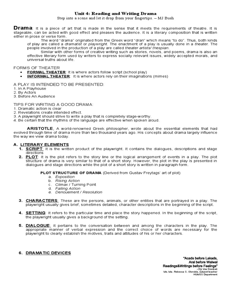 Drama Unit 4 Reading and Writing Drama PDF Plot (Narrative