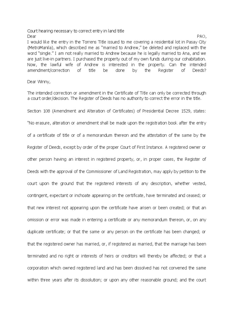 Only court can change names in land titles PDF Deed Decree