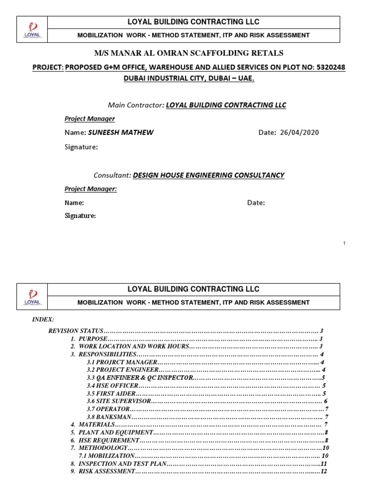 Mobilization Work Method Statement | PDF | Personal Protective ...