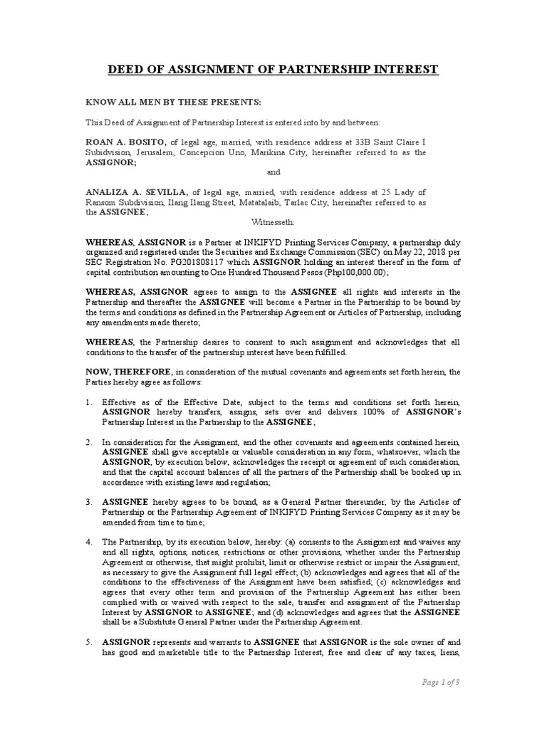 deed of assignment vat