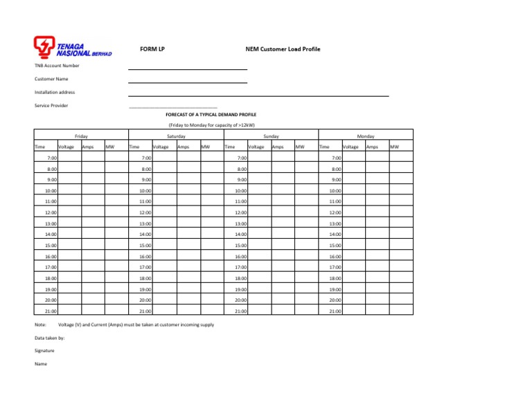 TNB - NEM Customer Load Profile Form | PDF | Nature | Electromagnetism