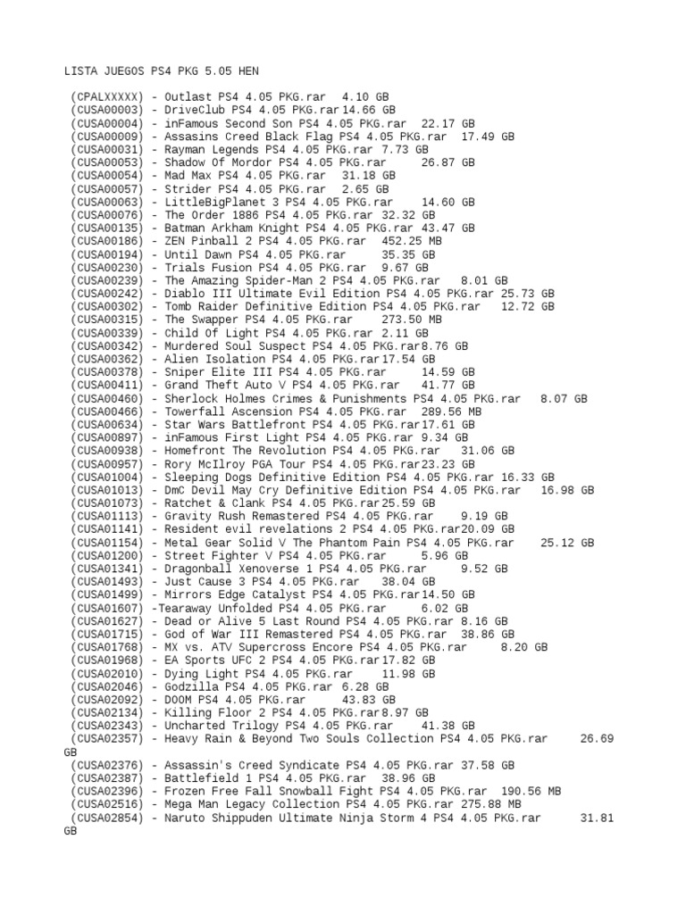 Lista Juegos Ps4 Pkg 5 05 Hen Leisure Sports