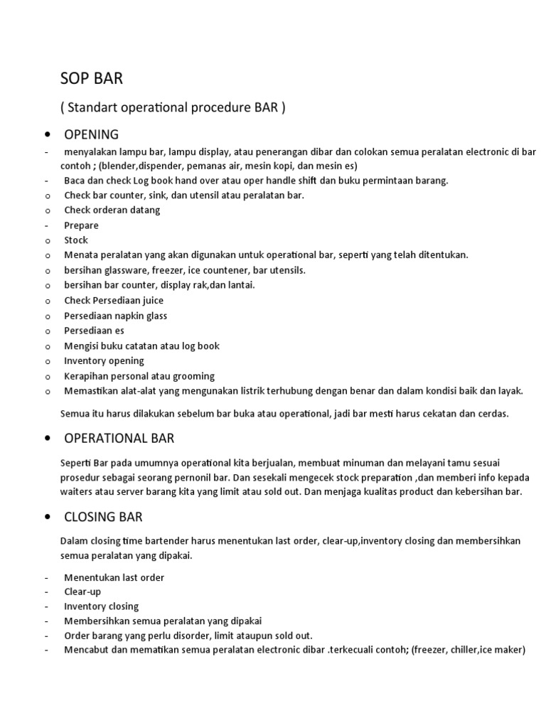 Prosedur Operasional Standar Bar | PDF