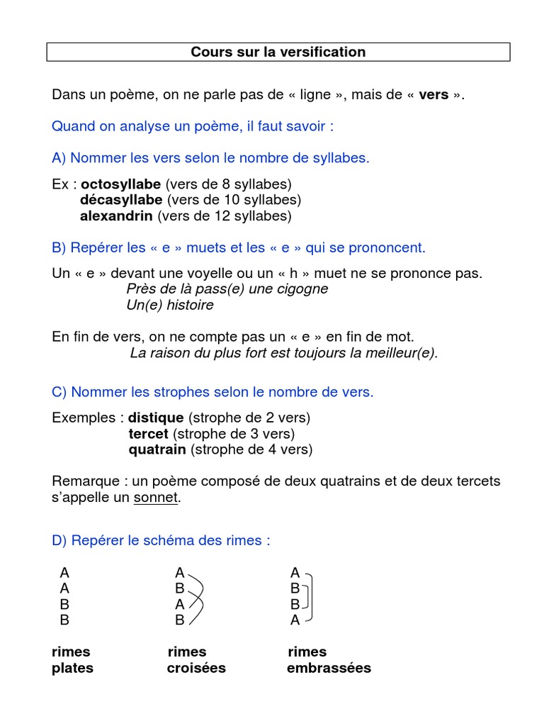 Cours Versification 6567 Pdf Rime Dans La Poesie Syllabe