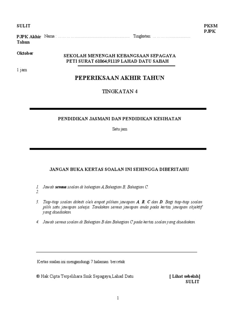 Soalan Pjk Tingkatan 4 Pdf
