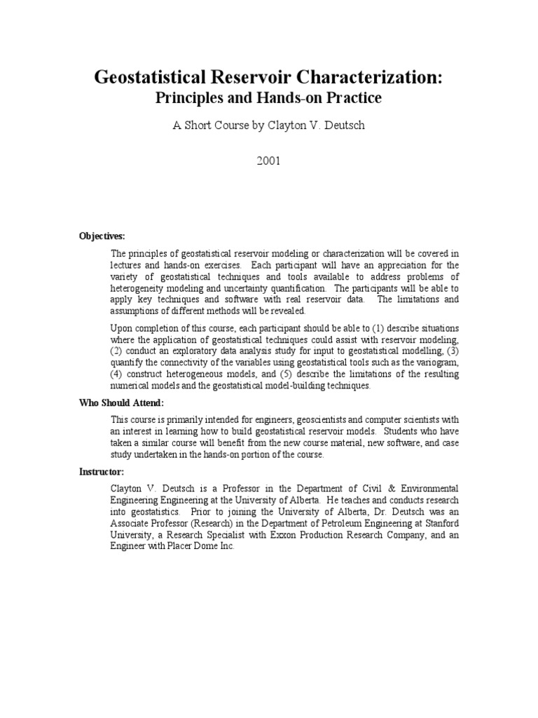 Geostatistical Reservoir Characterization Principles And Hands On