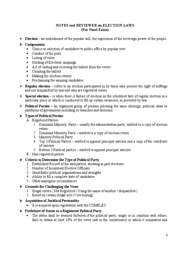 Election Laws Review for Final Exam | PDF | Elections | Voting